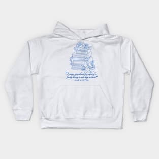 Jane Austen quote in blue - I cannot comprehend the neglect of a family library in such days as these. Kids Hoodie